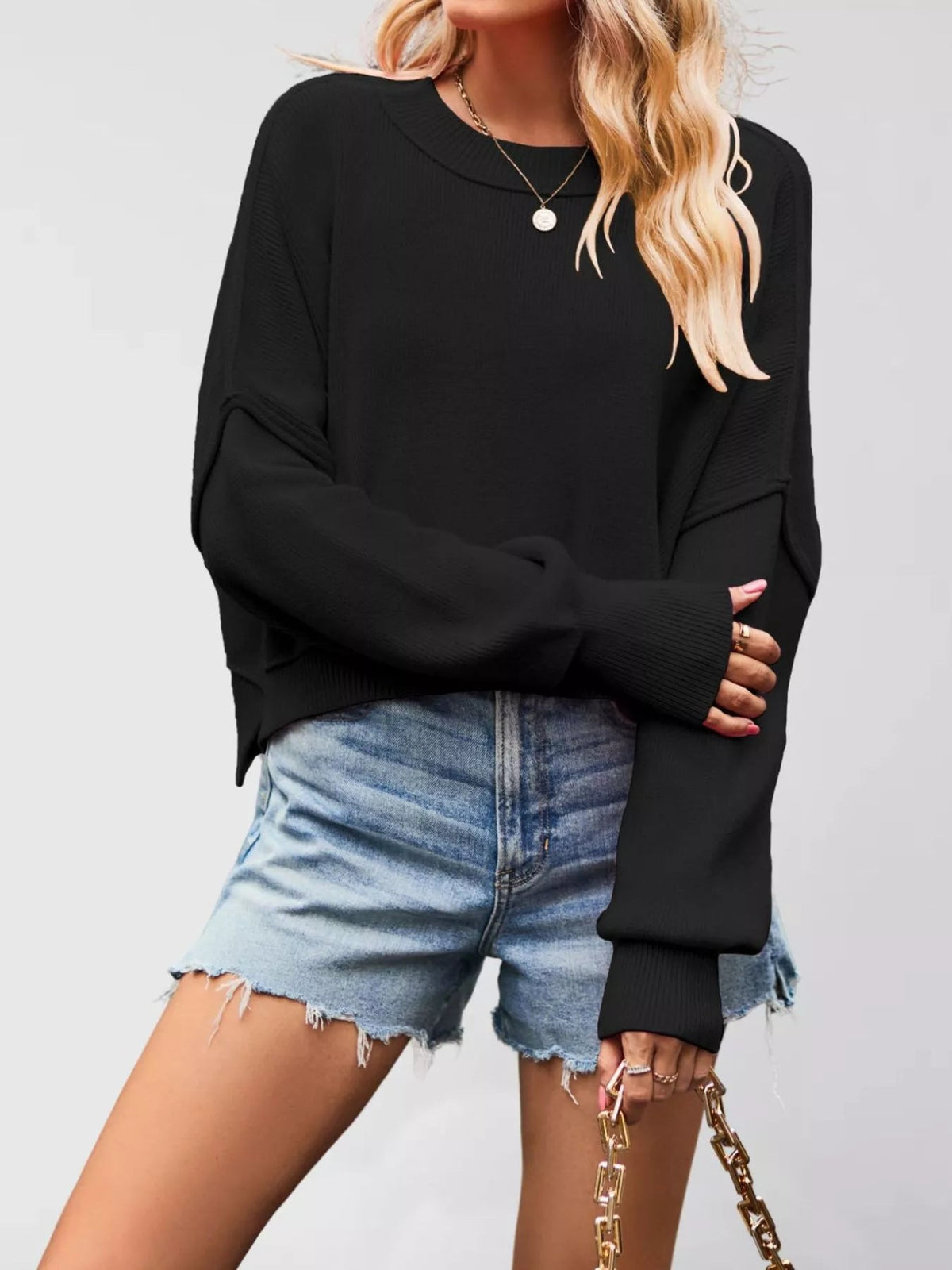 Crew Neck Dropped Shoulder Sweater - TheMomCo.