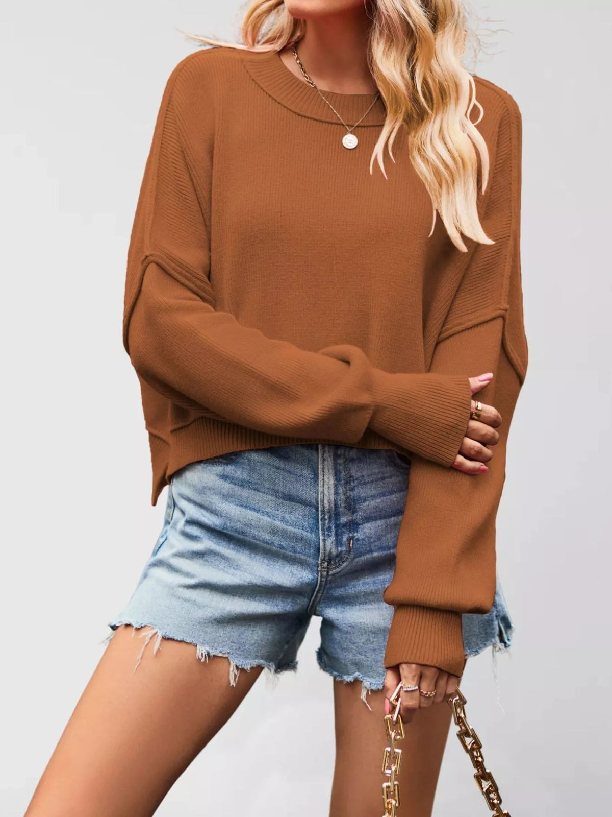 Crew Neck Dropped Shoulder Sweater - TheMomCo.