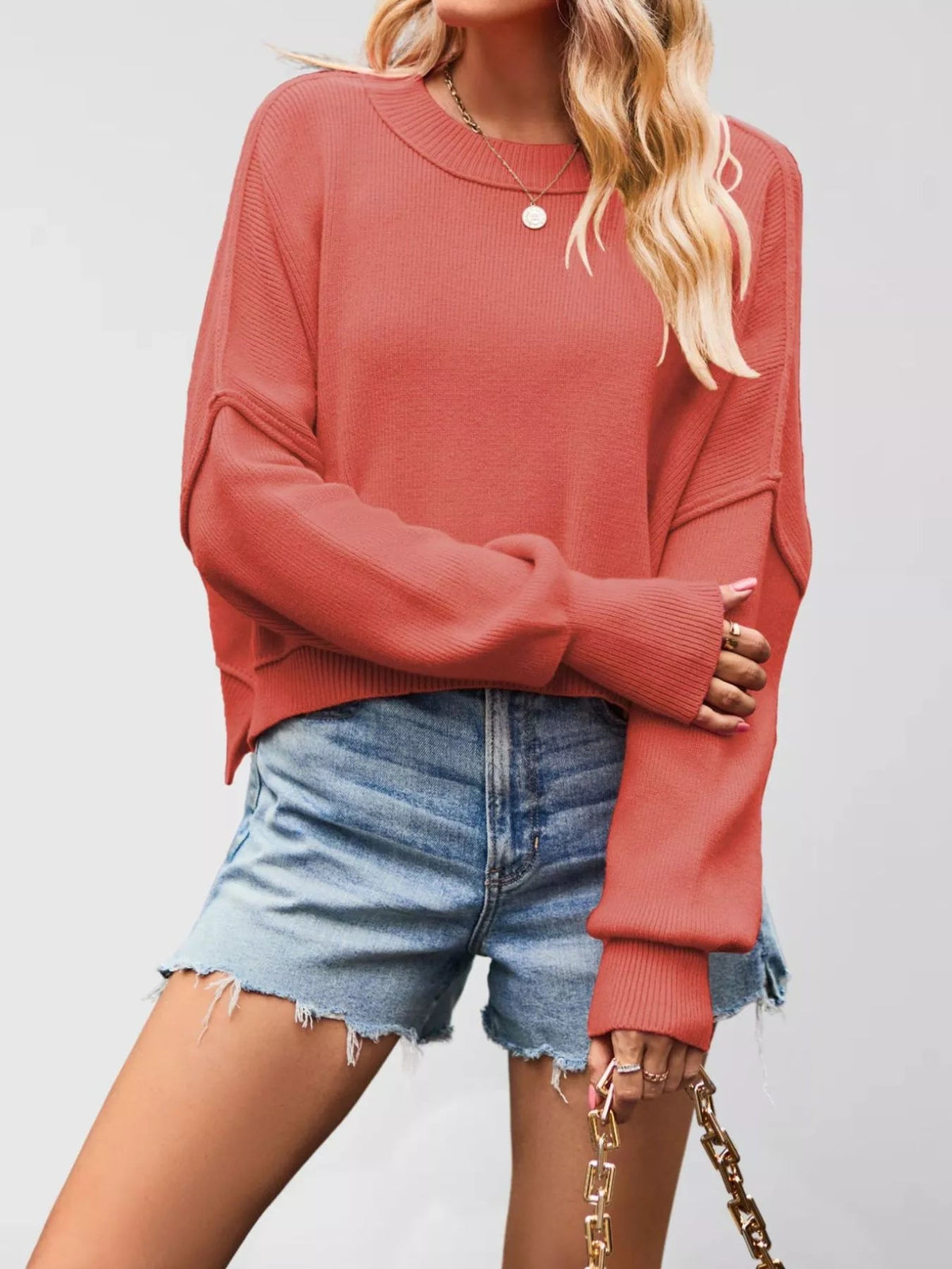 Crew Neck Dropped Shoulder Sweater - TheMomCo.