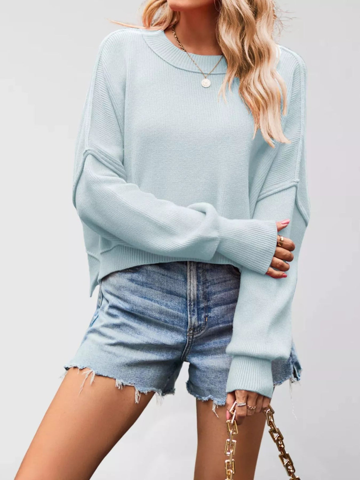 Crew Neck Dropped Shoulder Sweater - TheMomCo.