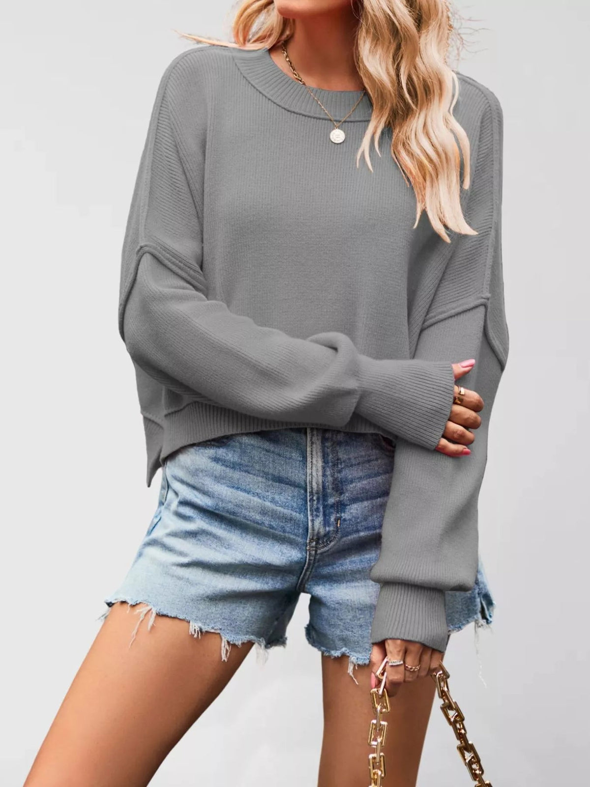 Crew Neck Dropped Shoulder Sweater - TheMomCo.