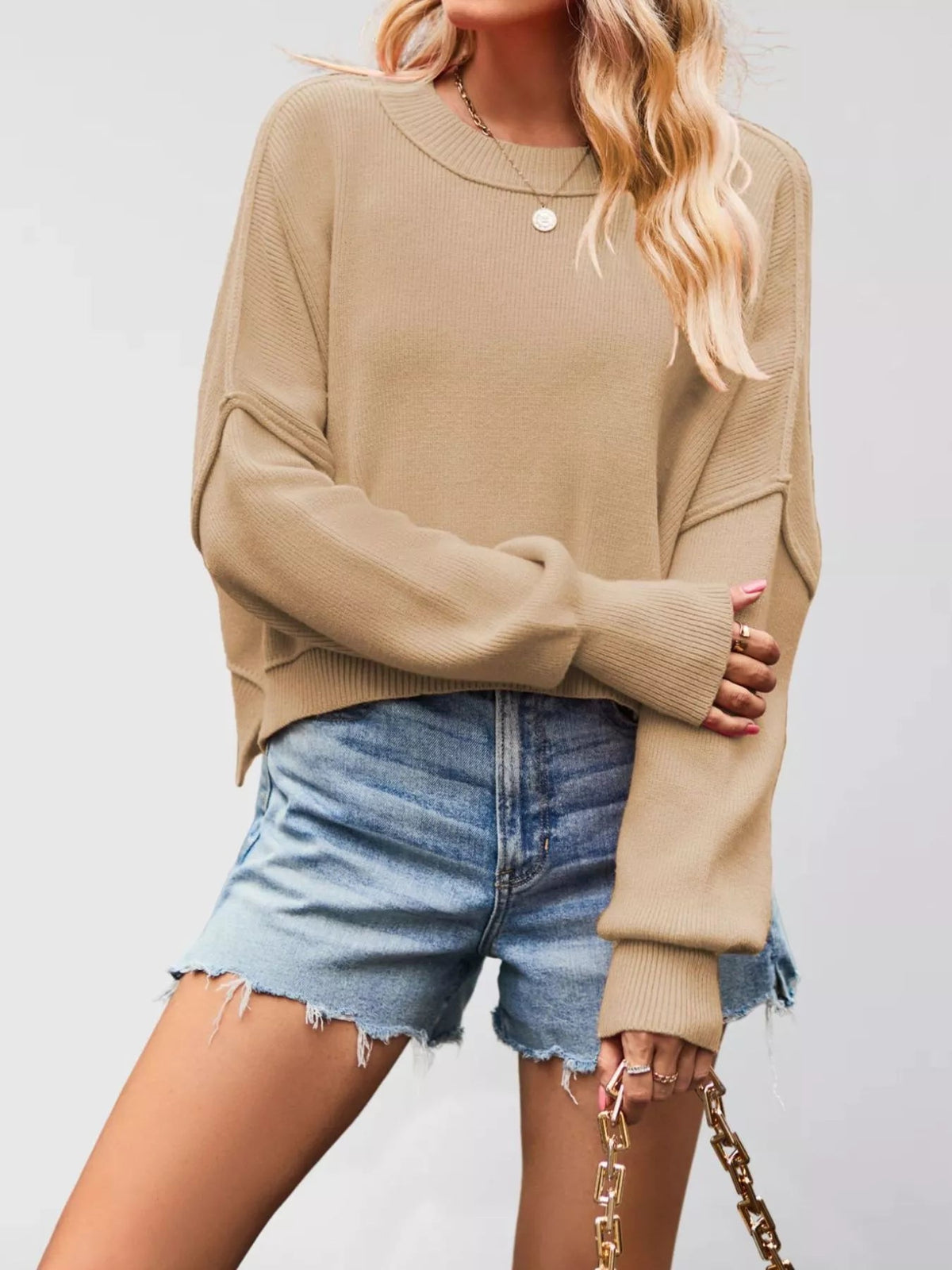 Crew Neck Dropped Shoulder Sweater - TheMomCo.