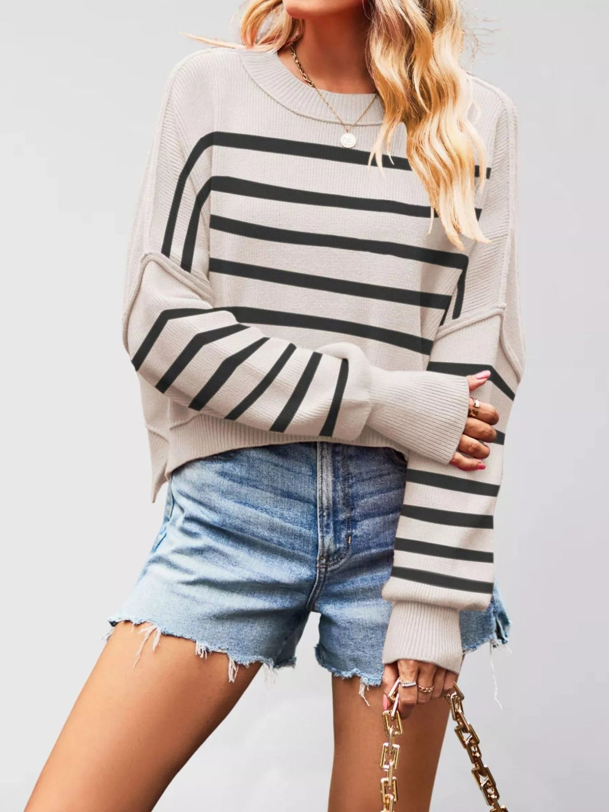 Crew Neck Dropped Shoulder Sweater - TheMomCo.
