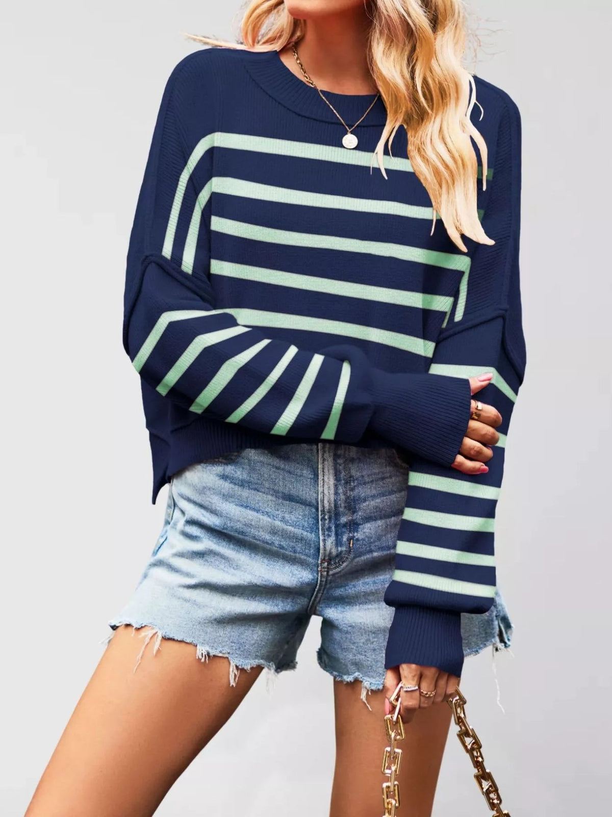 Crew Neck Dropped Shoulder Sweater - TheMomCo.