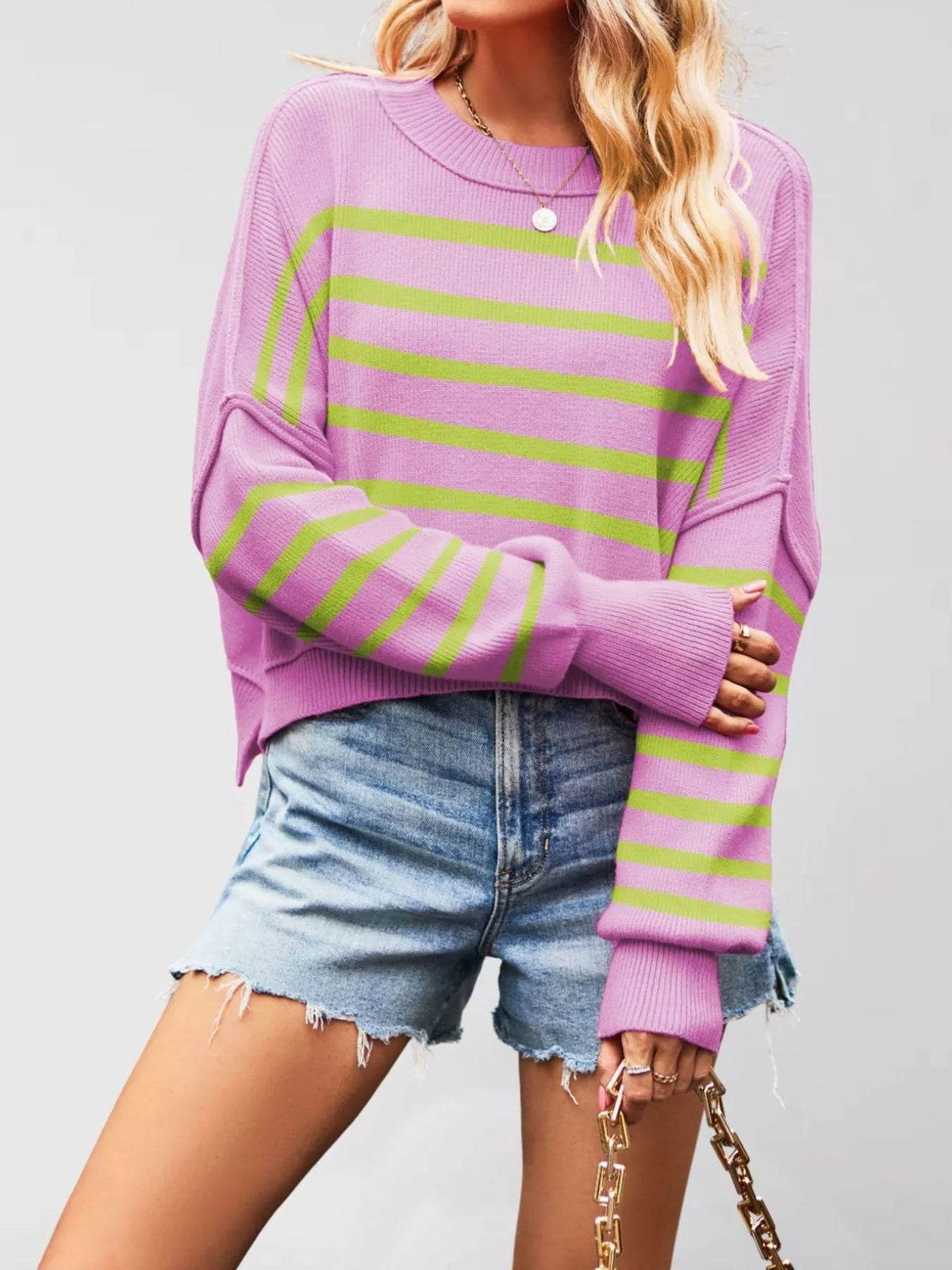 Crew Neck Dropped Shoulder Sweater - TheMomCo.