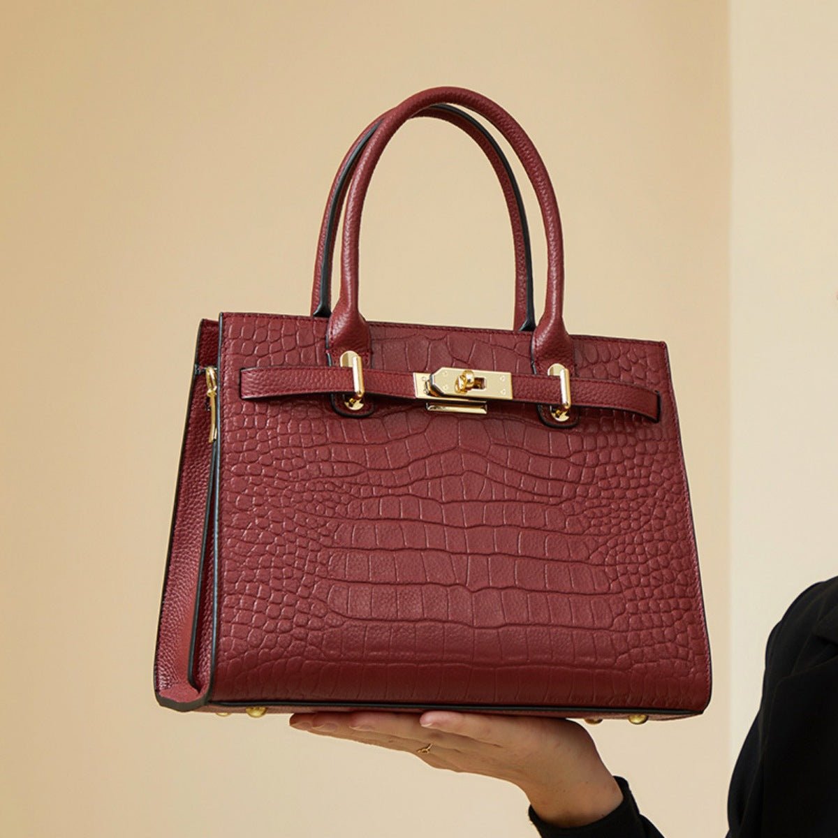 Crocodile-Embossed Leather Top Handle Handbag - TheMomCo.