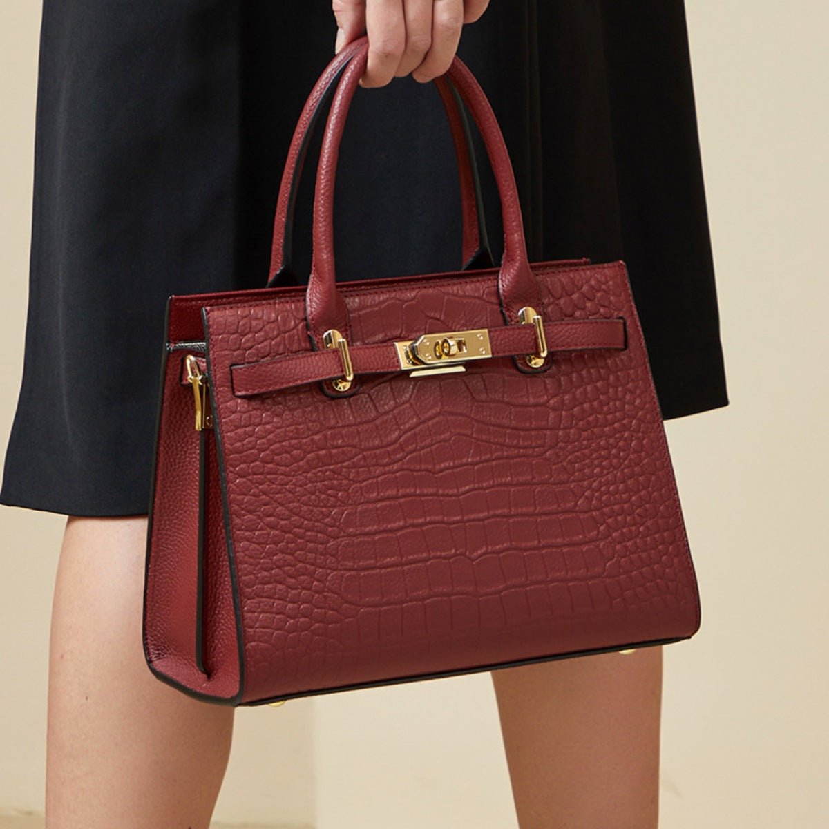 Crocodile-Embossed Leather Top Handle Handbag - TheMomCo.