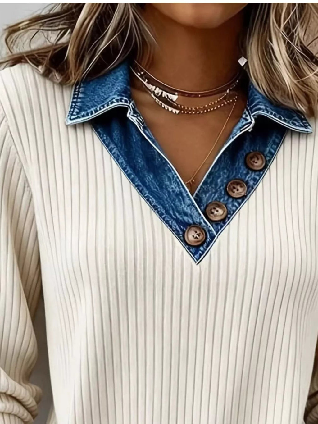 Denim Collar Ribbed Knit Top - TheMomCo.