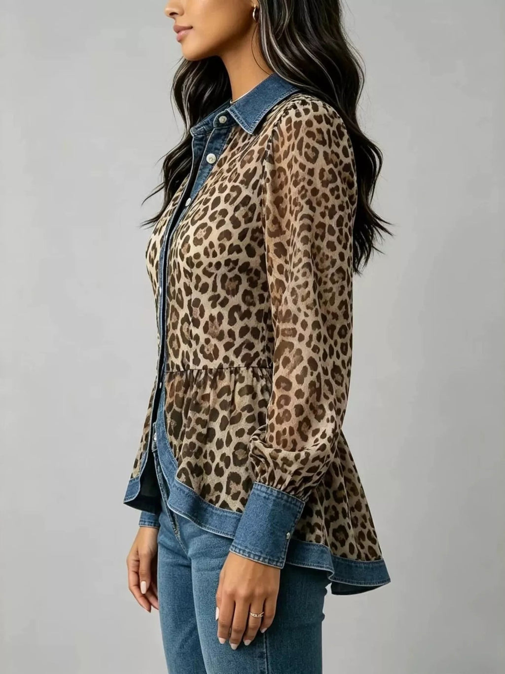 Denim Contrast Trim Leopard Shirt - TheMomCo.