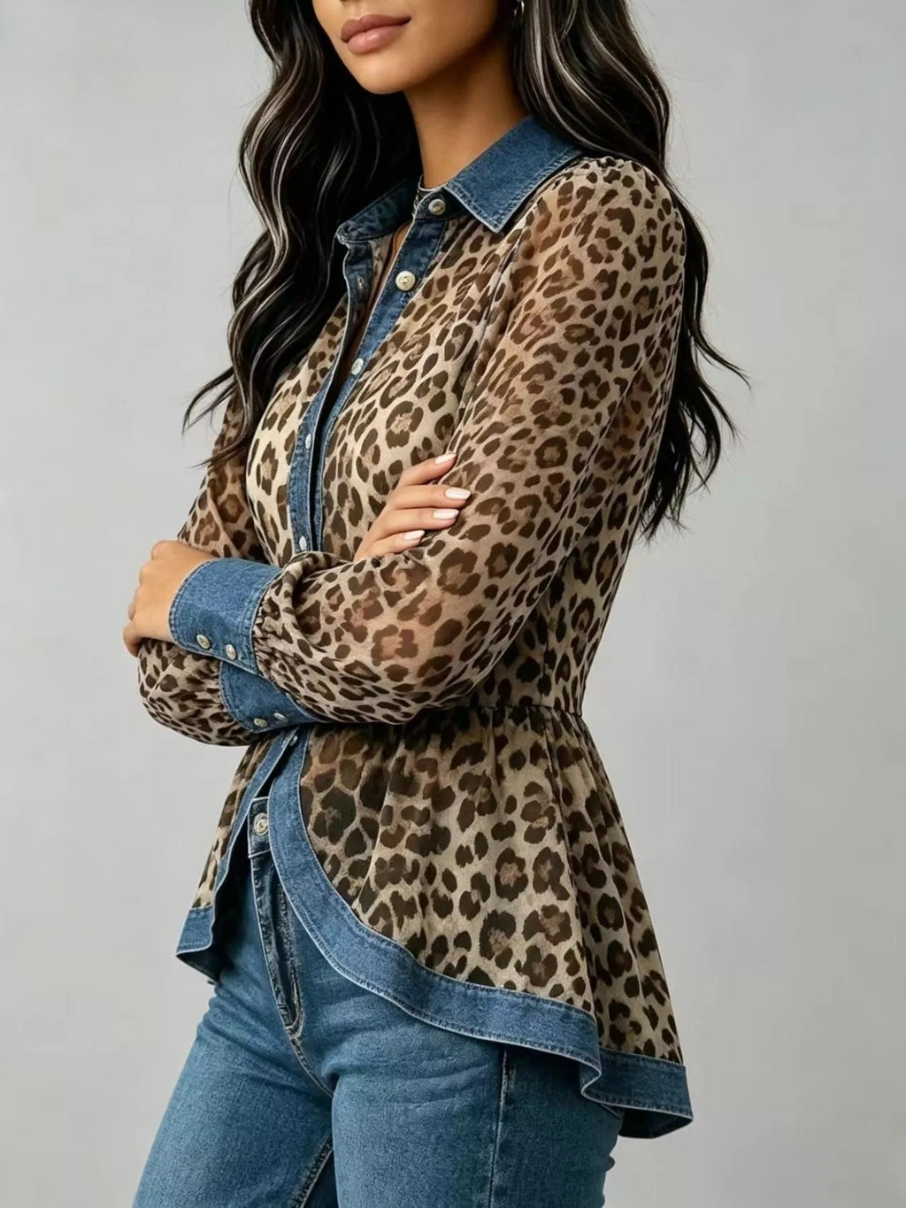 Denim Contrast Trim Leopard Shirt - TheMomCo.
