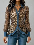 Denim Contrast Trim Leopard Shirt - TheMomCo.