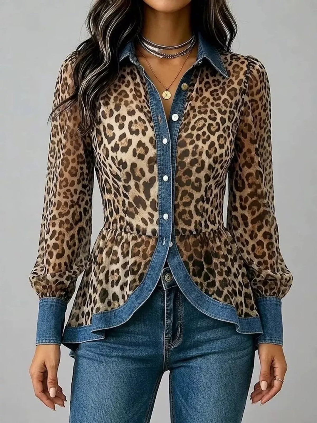 Denim Contrast Trim Leopard Shirt - TheMomCo.