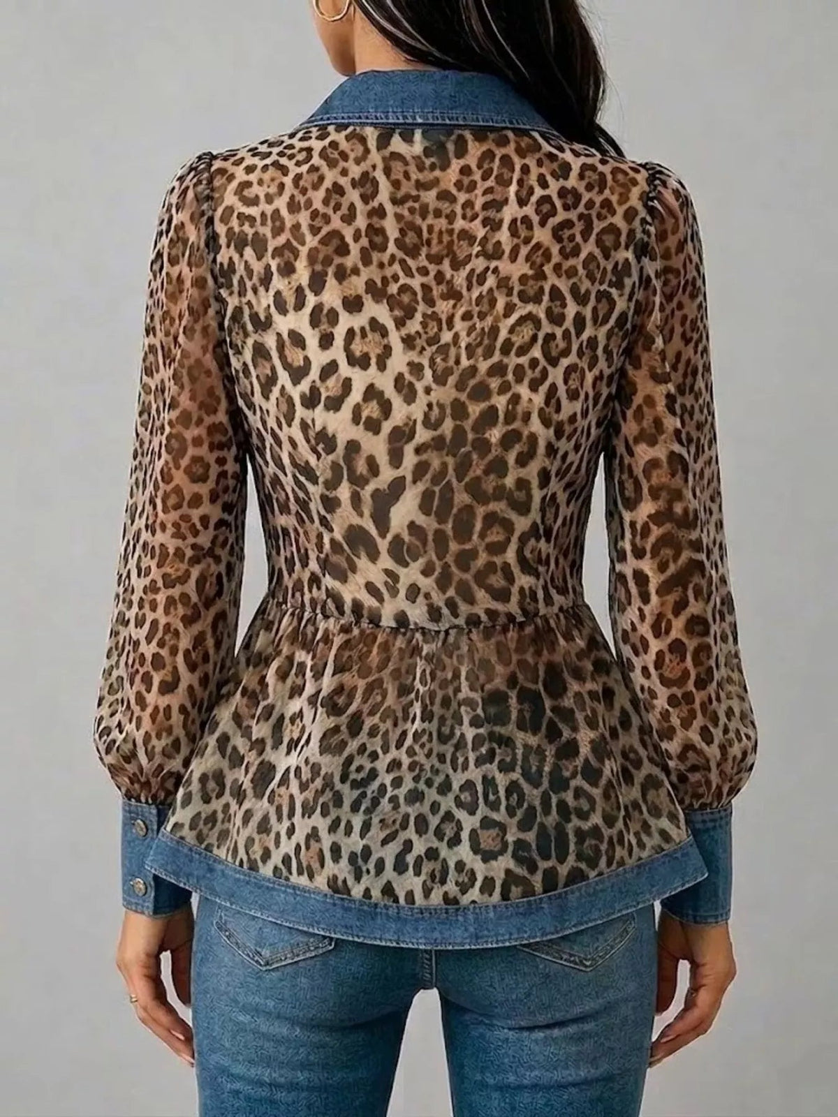 Denim Contrast Trim Leopard Shirt - TheMomCo.