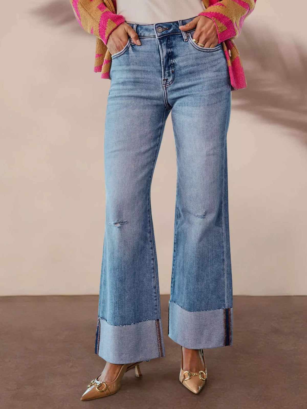 Distressed High-Waisted Flare Jeans - TheMomCo.