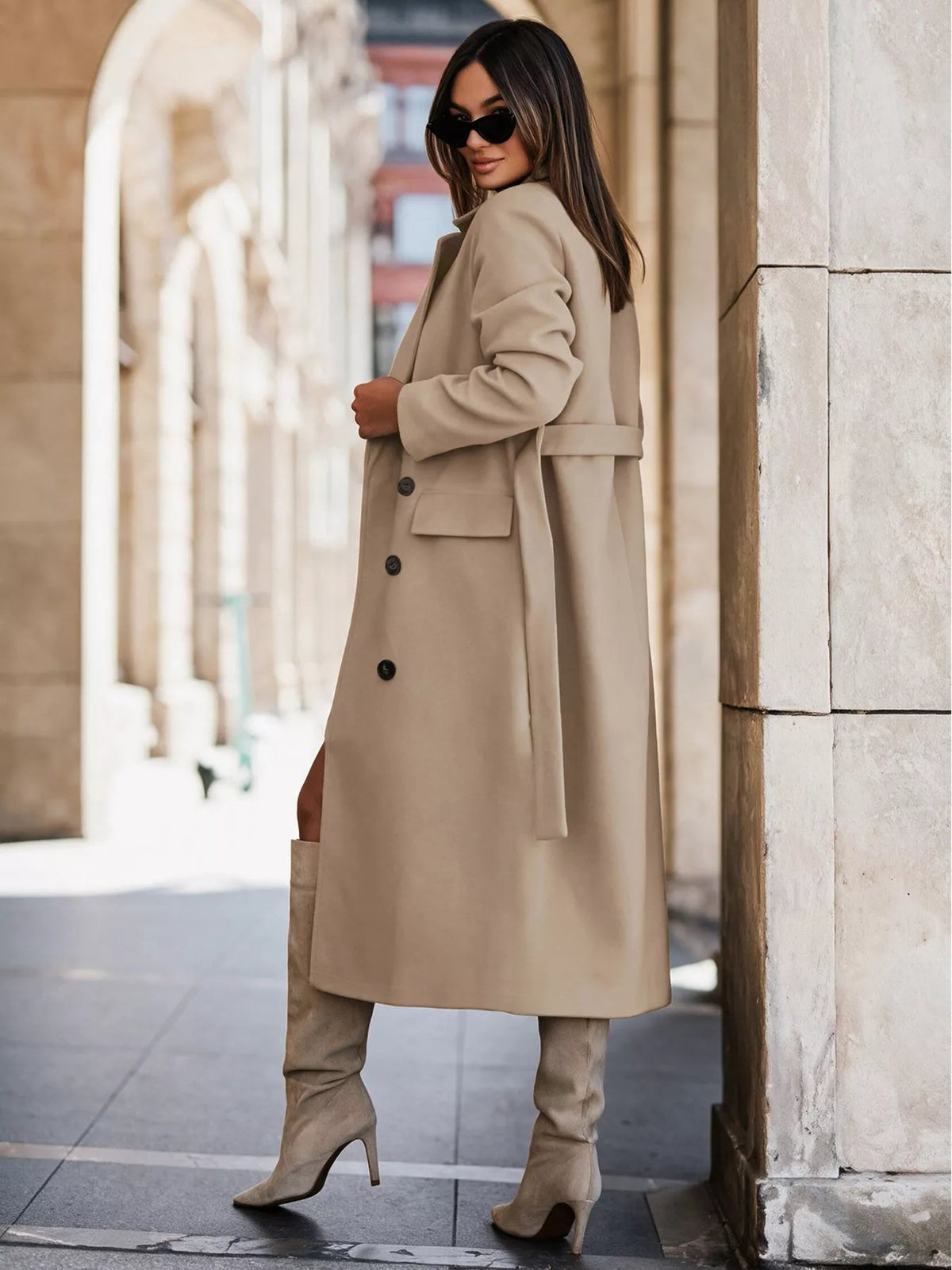 Double-Breasted Lapel Collar Longline Coat - TheMomCo.