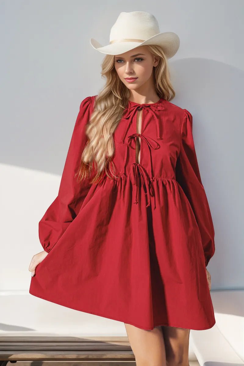 Double Take Christmas Front Tied Long Sleeve Mini Dress - TheMomCo.