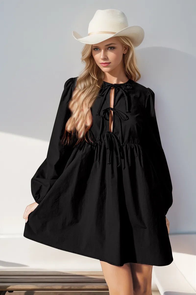 Double Take Christmas Front Tied Long Sleeve Mini Dress - TheMomCo.