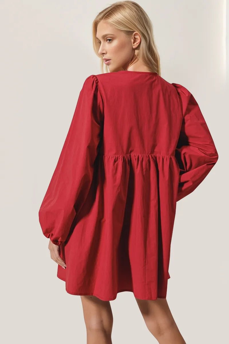 Double Take Christmas Front Tied Long Sleeve Mini Dress - TheMomCo.