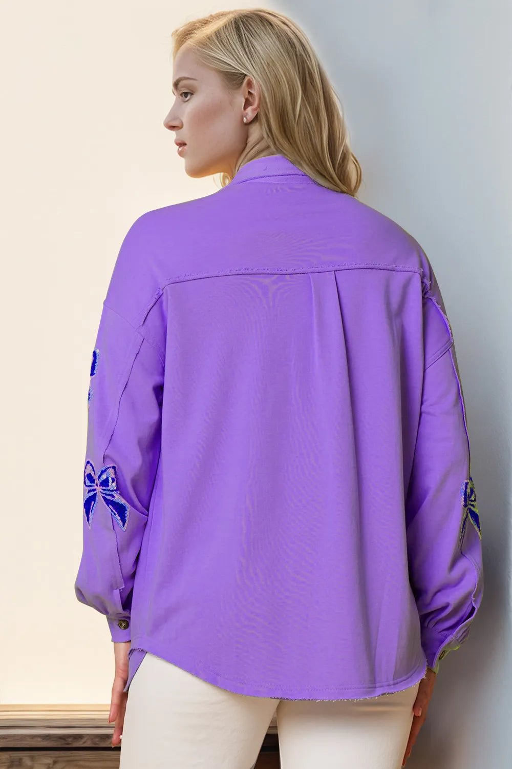 Double Take Full Size Sequin Bow Button Up Shacket - TheMomCo.