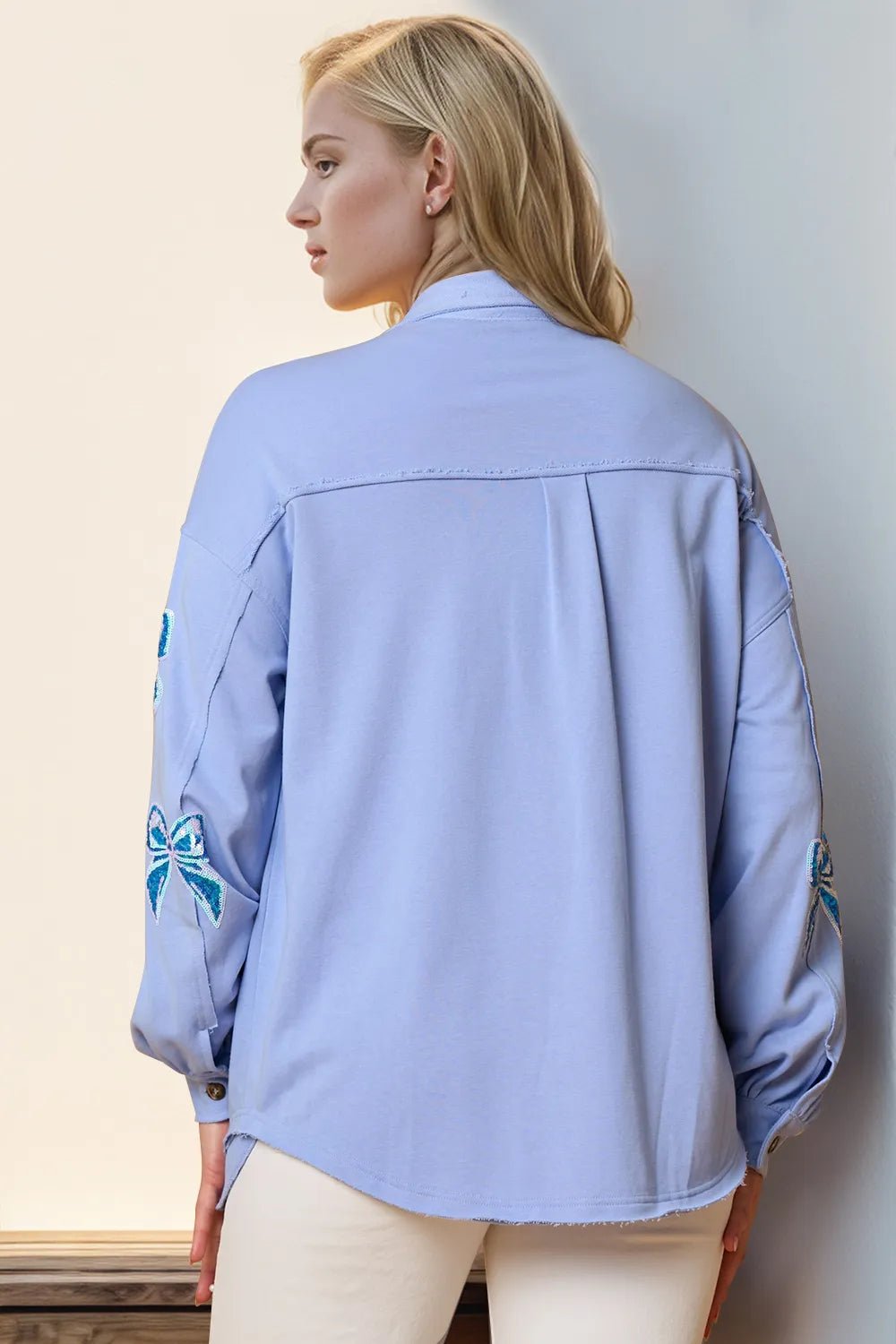 Double Take Full Size Sequin Bow Button Up Shacket - TheMomCo.