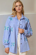 Double Take Full Size Sequin Bow Button Up Shacket - TheMomCo.