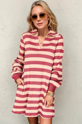 Double Take Full Size Striped Contrast Collared Neck Long Sleeve Dress - TheMomCo.