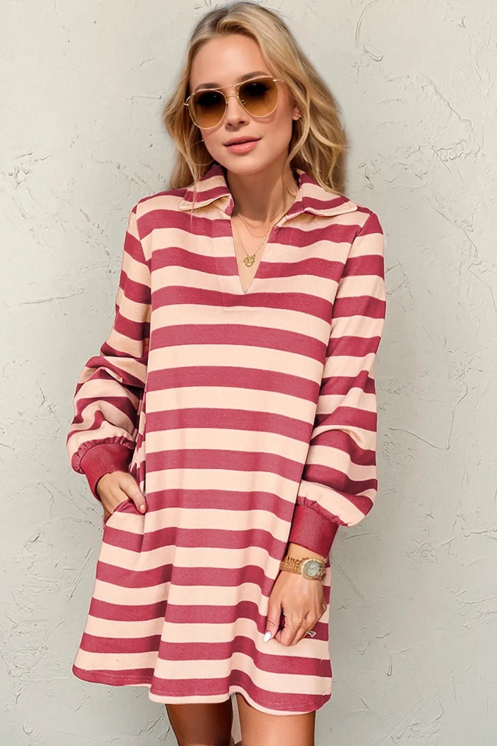 Double Take Full Size Striped Contrast Collared Neck Long Sleeve Dress - TheMomCo.