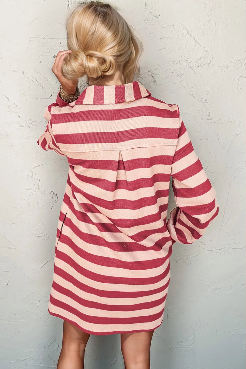 Double Take Full Size Striped Contrast Collared Neck Long Sleeve Dress - TheMomCo.