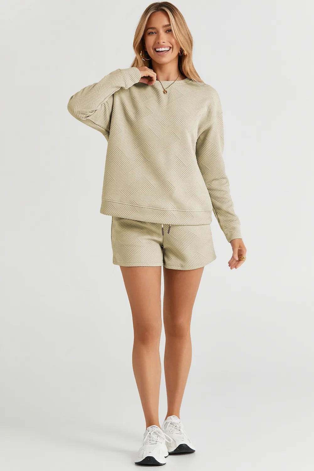 Double Take Full Size Texture Long Sleeve Top and Drawstring Shorts Set - TheMomCo.