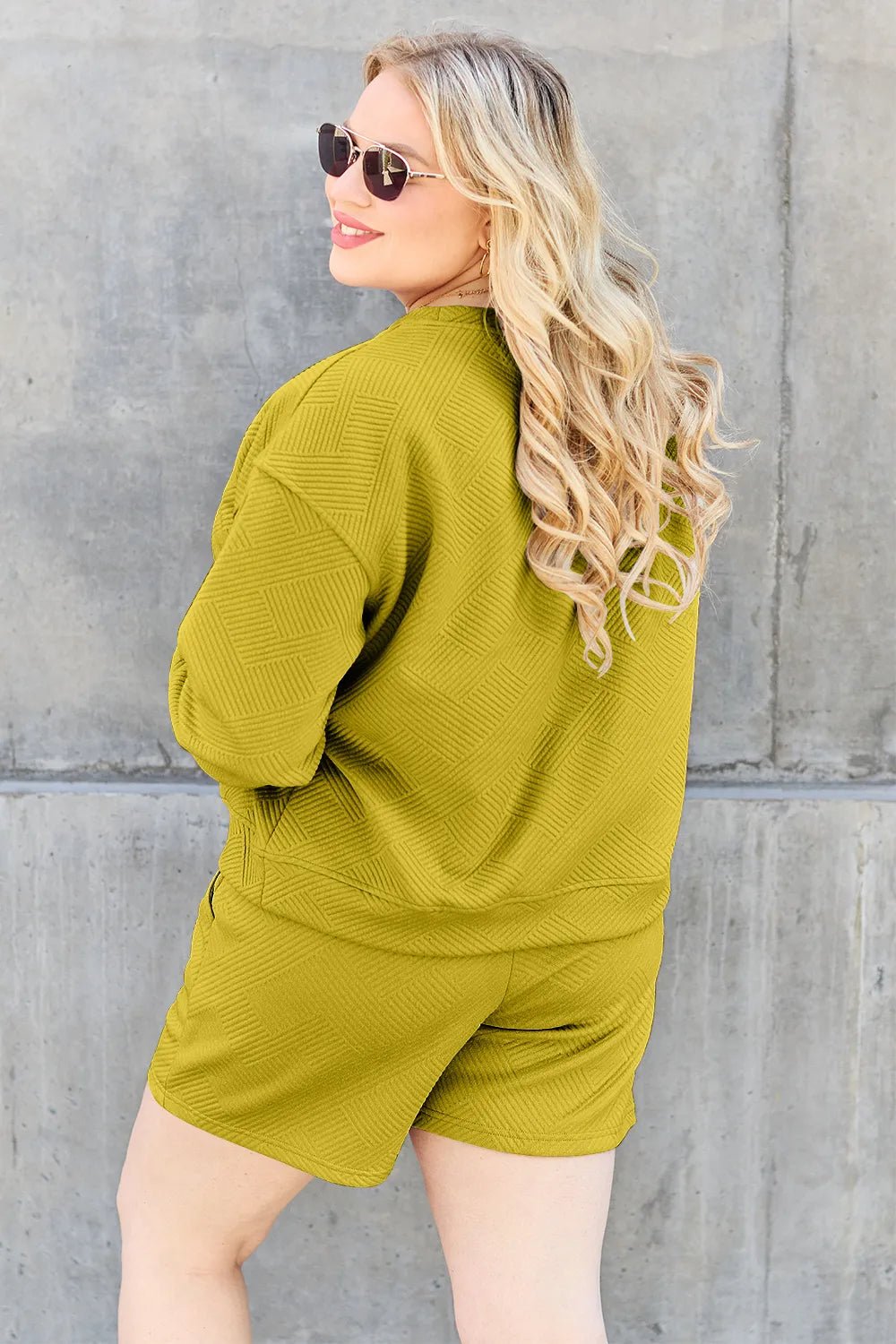 Double Take Full Size Texture Long Sleeve Top and Drawstring Shorts Set - TheMomCo.