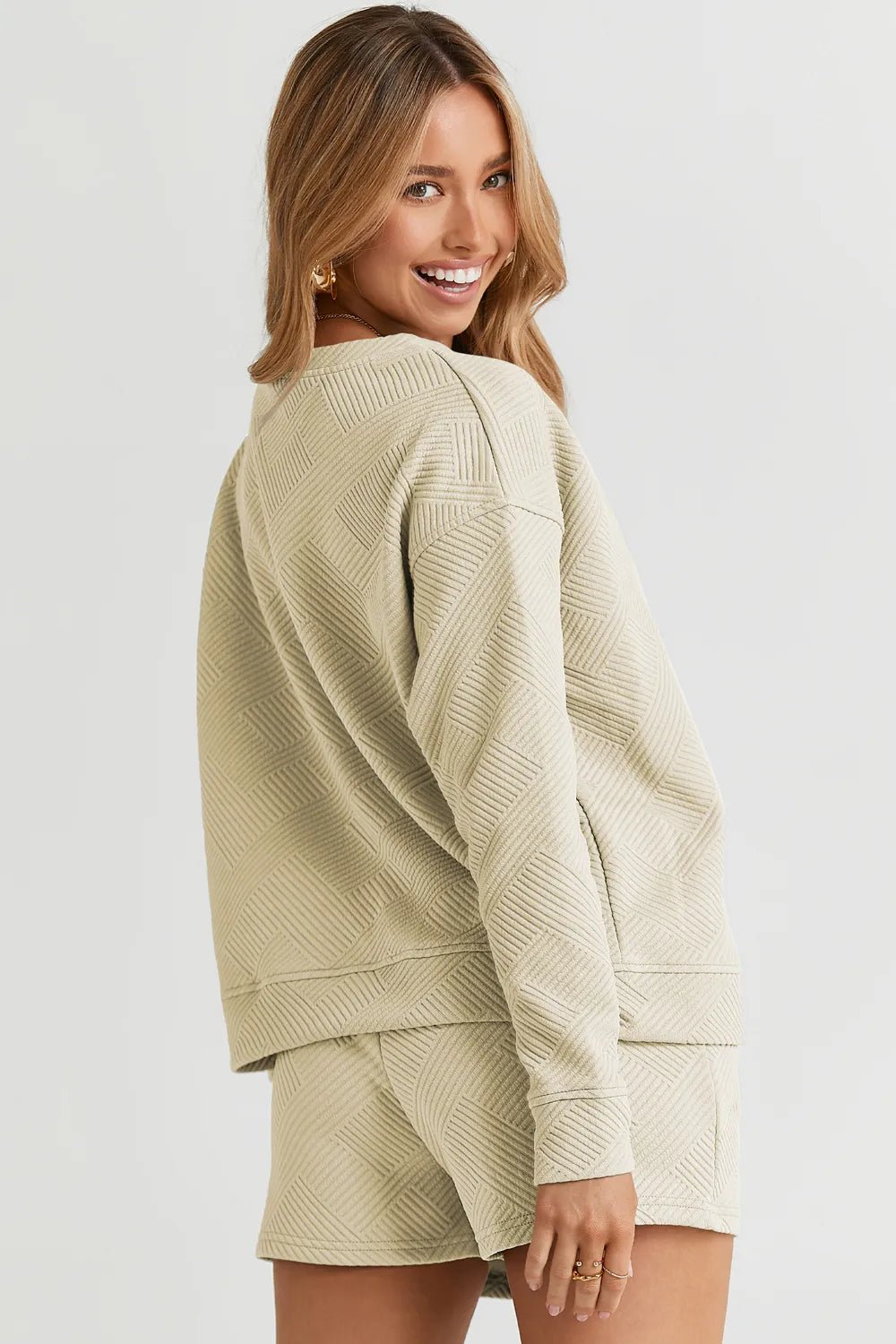 Double Take Full Size Texture Long Sleeve Top and Drawstring Shorts Set - TheMomCo.