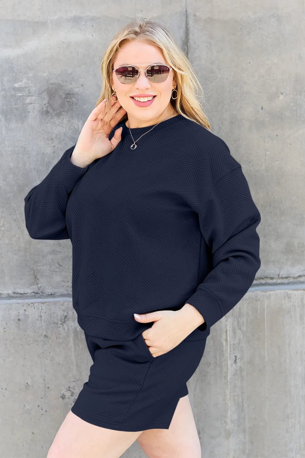 Double Take Full Size Texture Long Sleeve Top and Drawstring Shorts Set - TheMomCo.