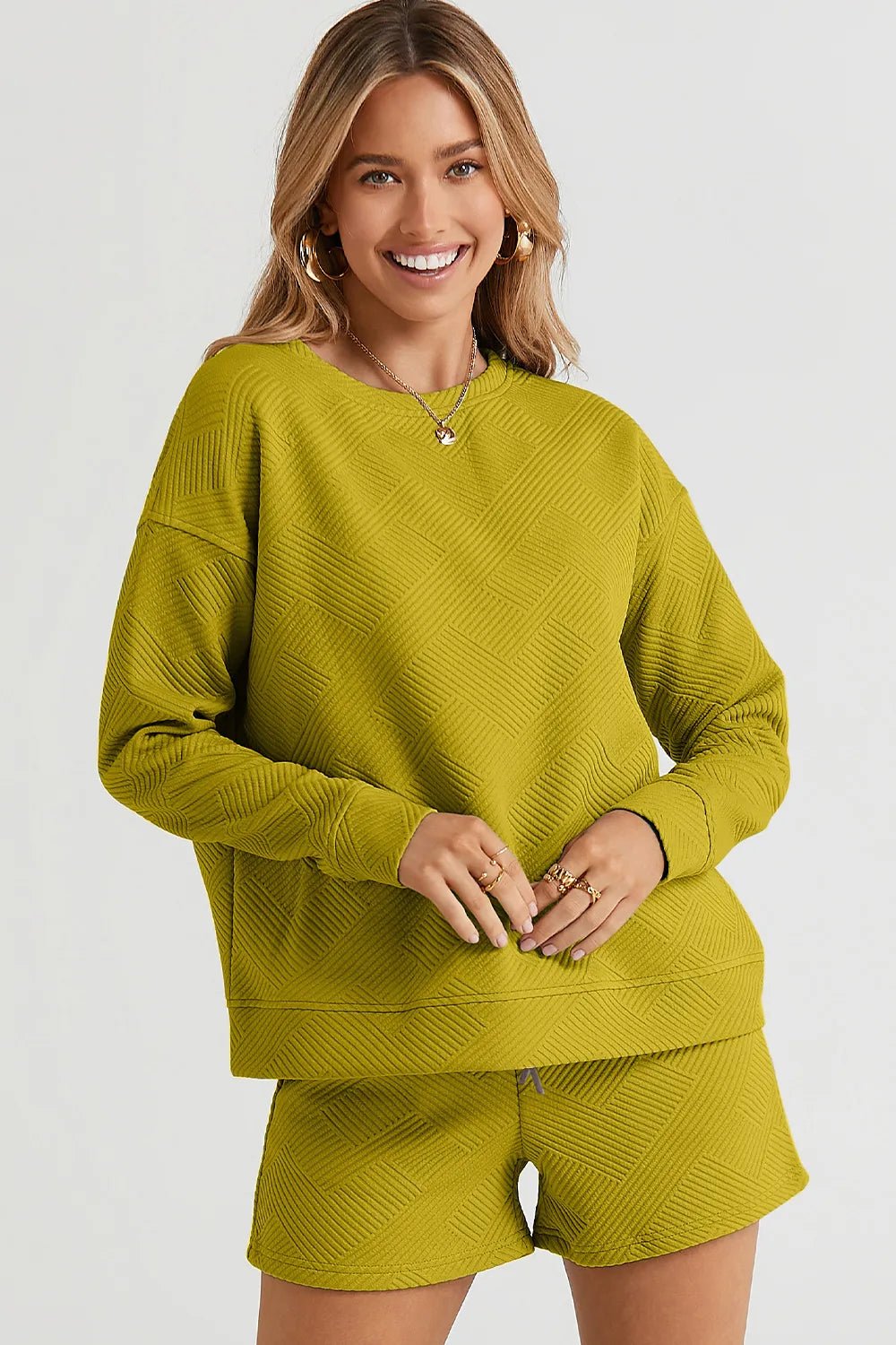 Double Take Full Size Texture Long Sleeve Top and Drawstring Shorts Set - TheMomCo.