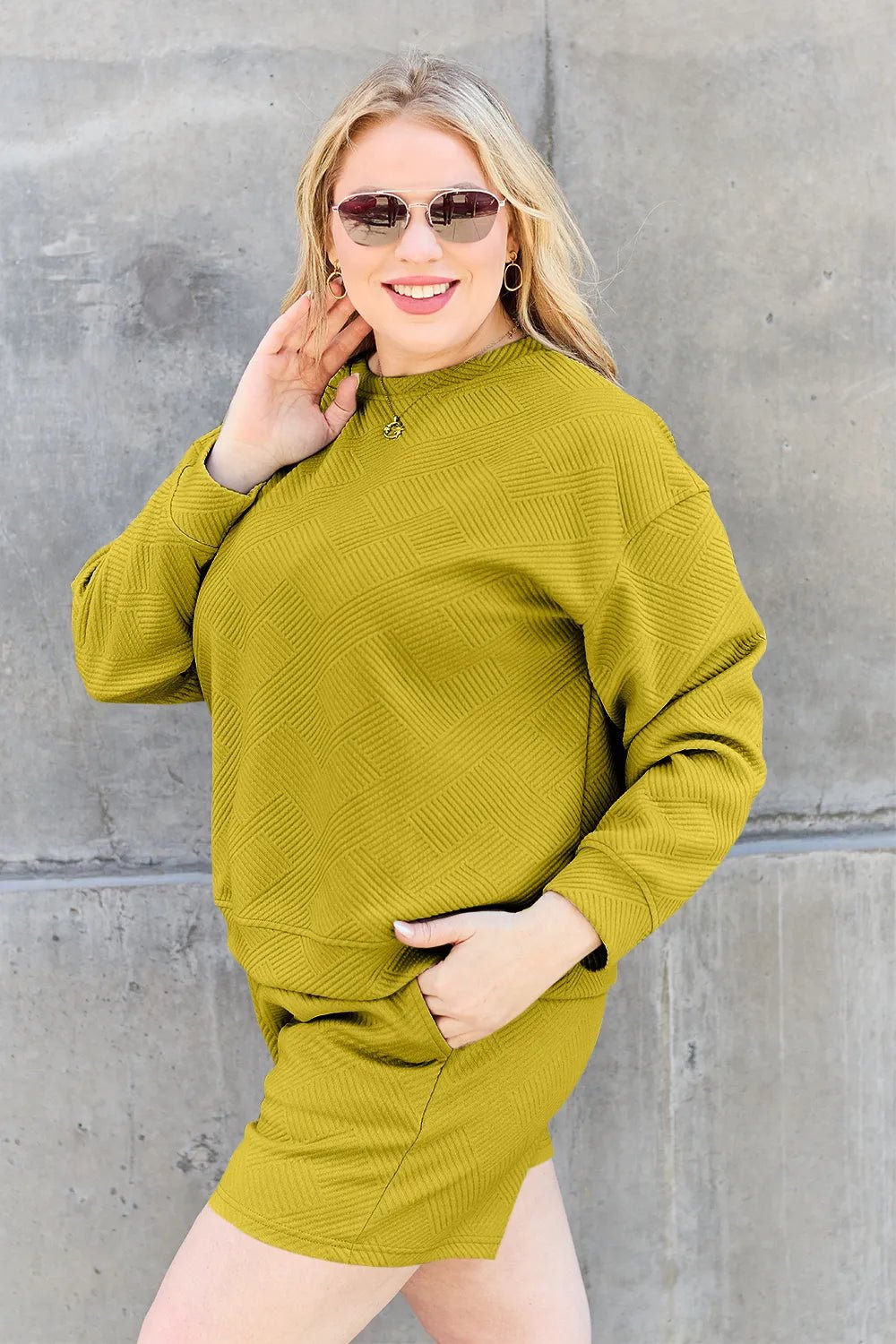 Double Take Full Size Texture Long Sleeve Top and Drawstring Shorts Set - TheMomCo.