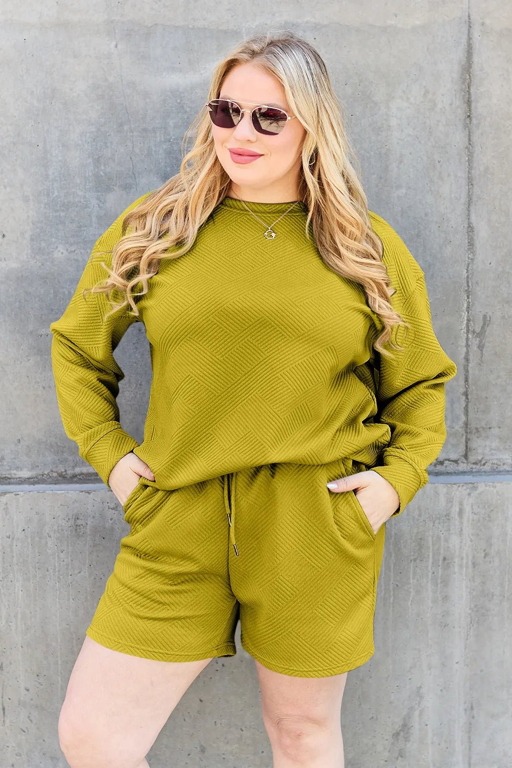 Double Take Full Size Texture Long Sleeve Top and Drawstring Shorts Set - TheMomCo.