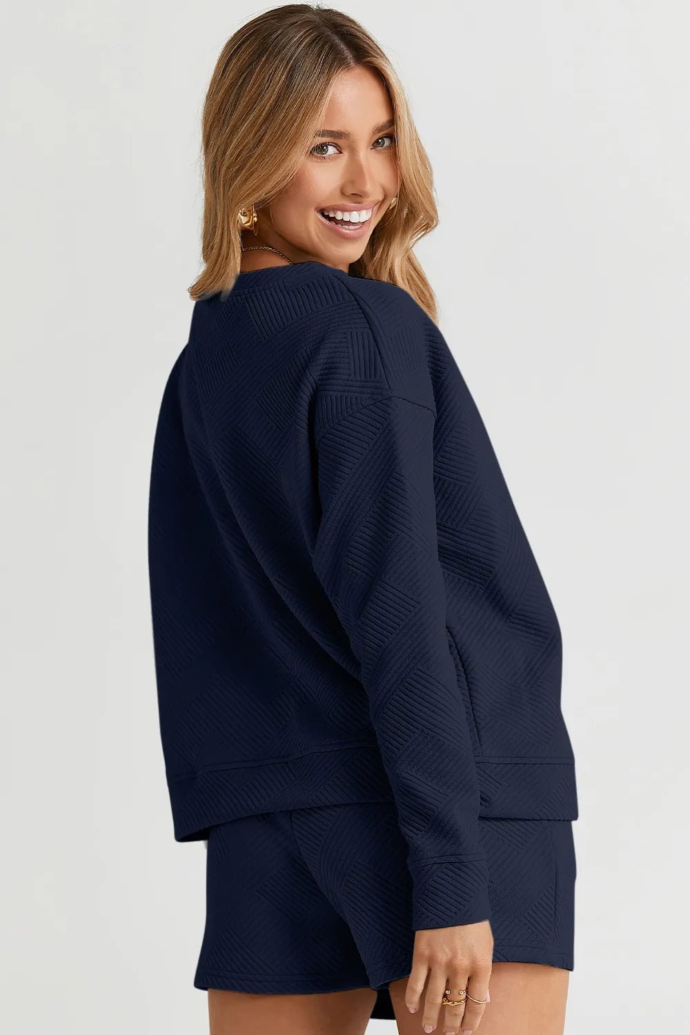 Double Take Full Size Texture Long Sleeve Top and Drawstring Shorts Set - TheMomCo.