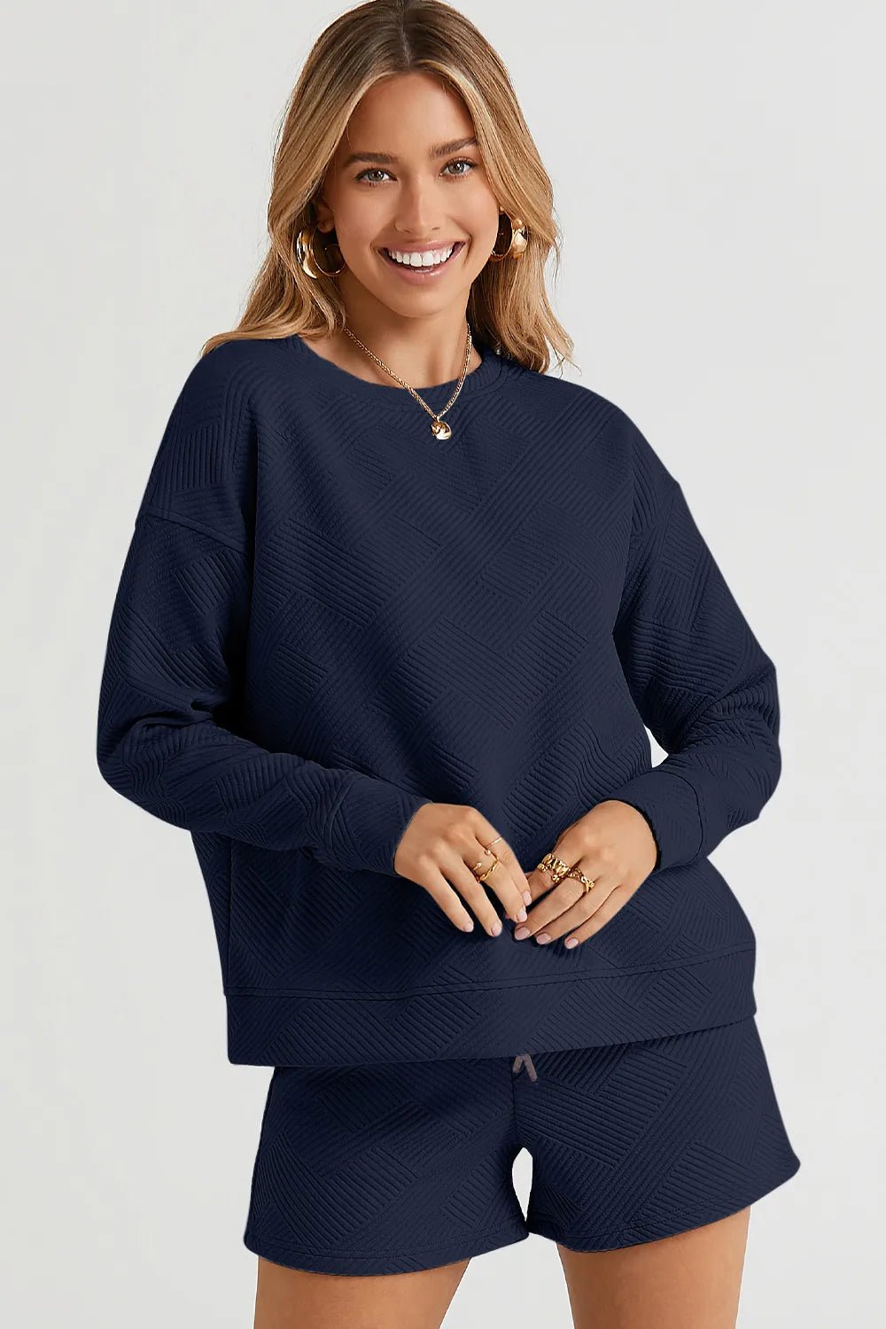 Double Take Full Size Texture Long Sleeve Top and Drawstring Shorts Set - TheMomCo.
