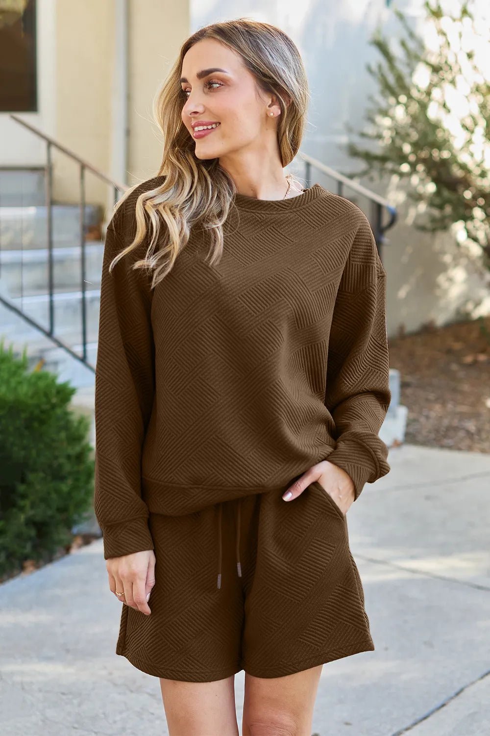 Double Take Full Size Texture Long Sleeve Top and Drawstring Shorts Set - TheMomCo.