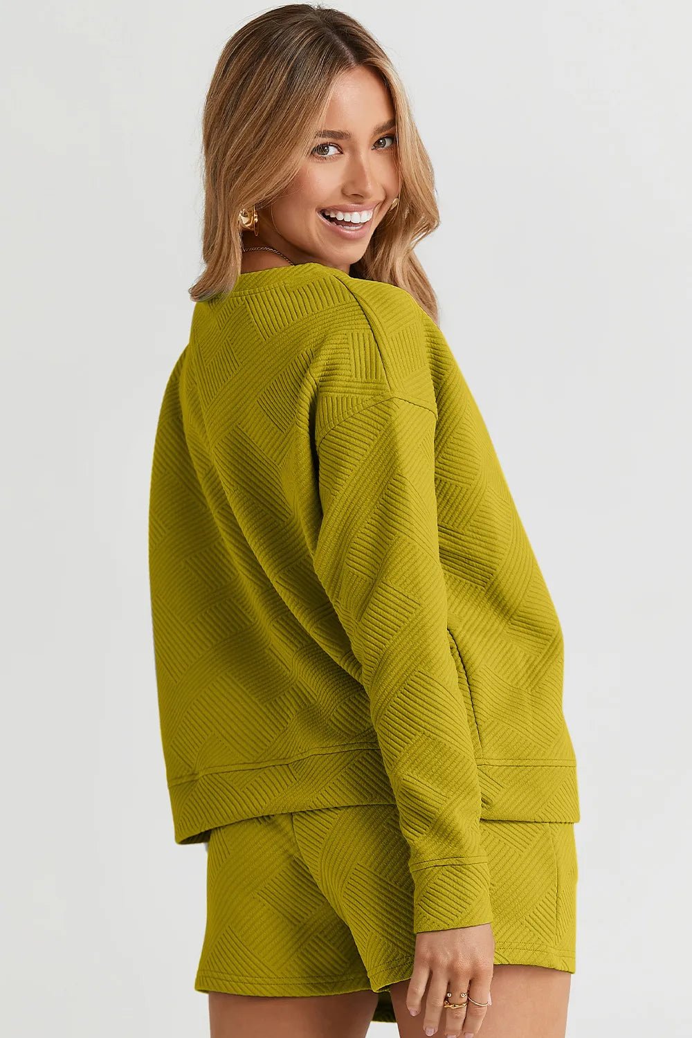 Double Take Full Size Texture Long Sleeve Top and Drawstring Shorts Set - TheMomCo.
