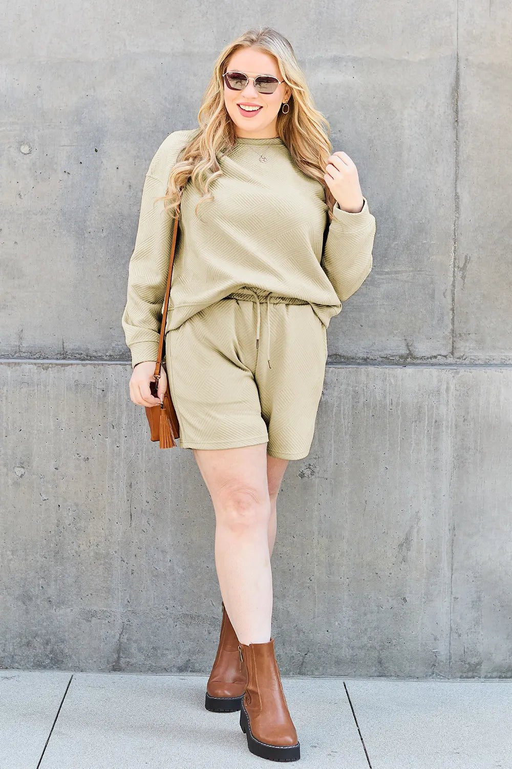 Double Take Full Size Texture Long Sleeve Top and Drawstring Shorts Set - TheMomCo.