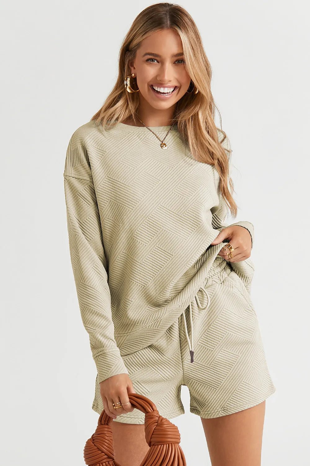 Double Take Full Size Texture Long Sleeve Top and Drawstring Shorts Set - TheMomCo.