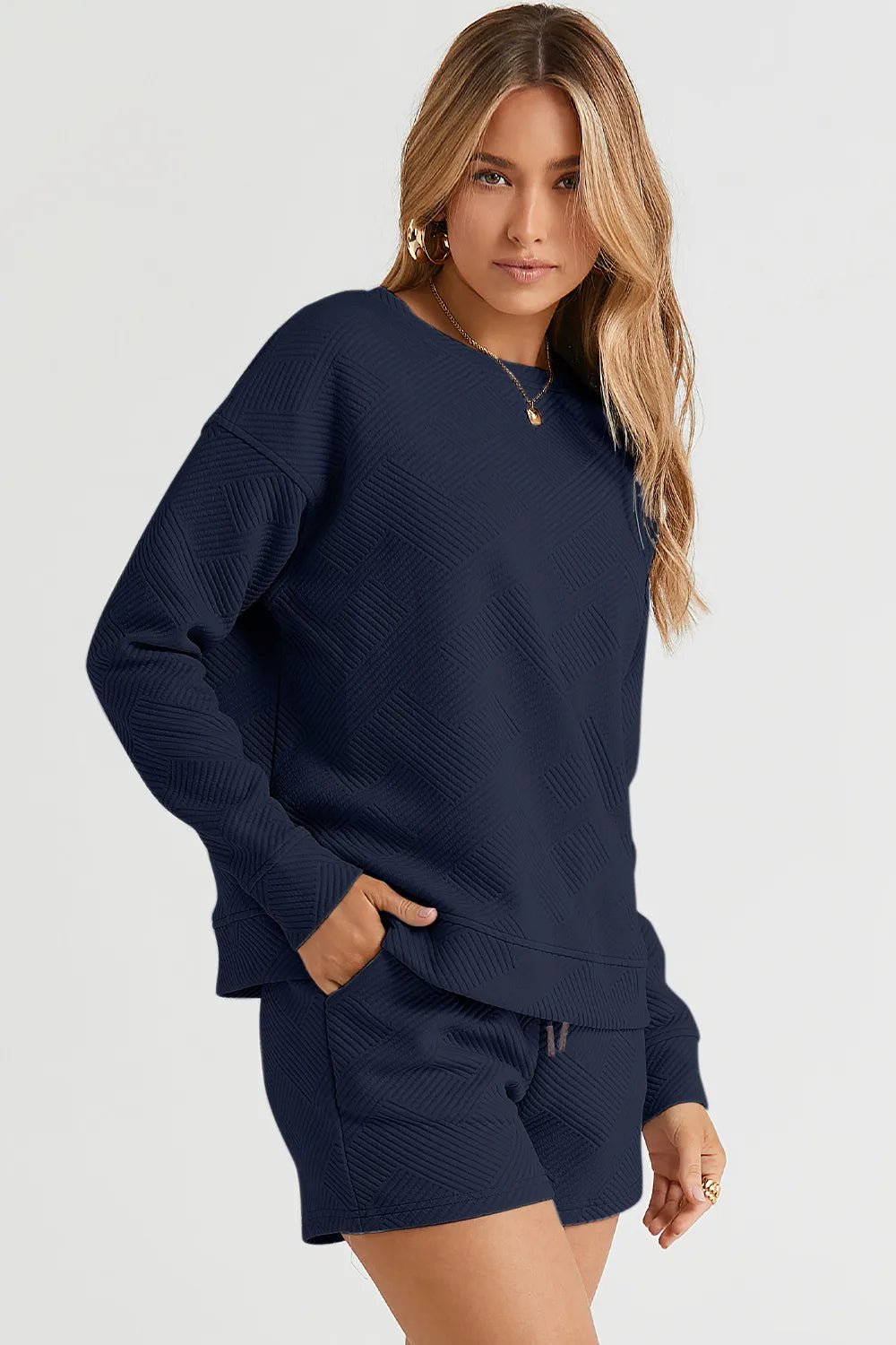 Double Take Full Size Texture Long Sleeve Top and Drawstring Shorts Set - TheMomCo.