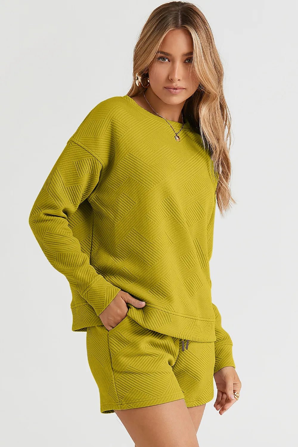 Double Take Full Size Texture Long Sleeve Top and Drawstring Shorts Set - TheMomCo.