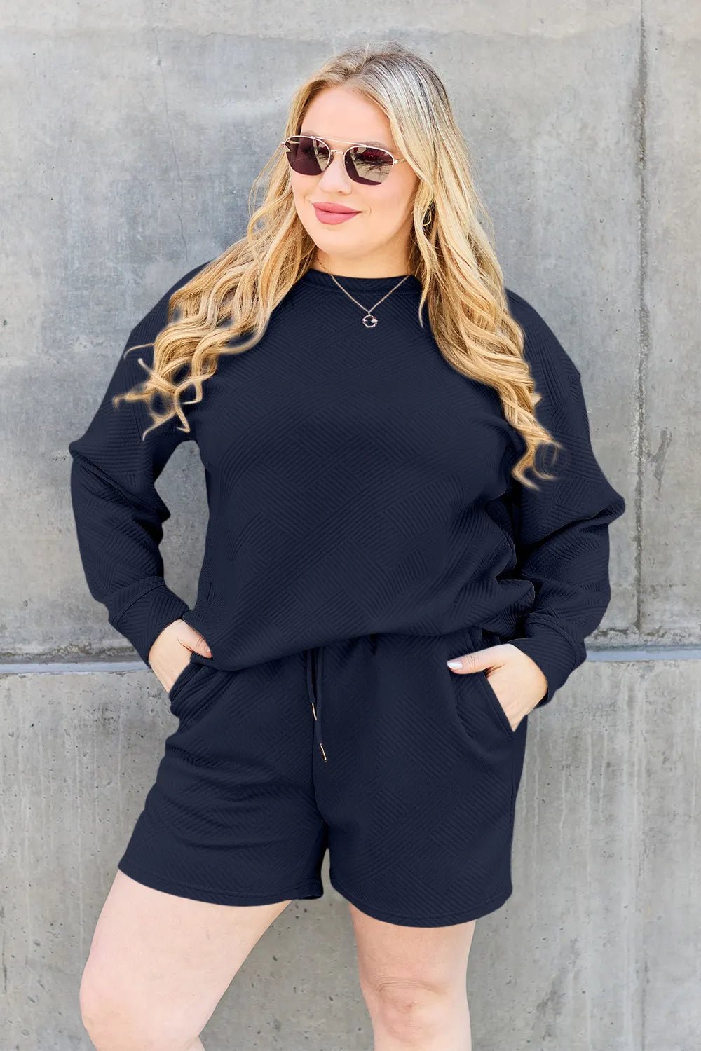 Double Take Full Size Texture Long Sleeve Top and Drawstring Shorts Set - TheMomCo.
