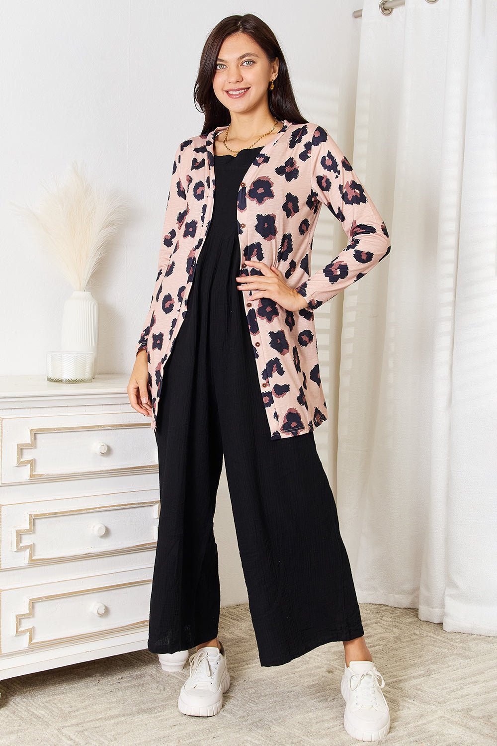 Double Take Printed Button Front Longline Cardigan - TheMomCo.