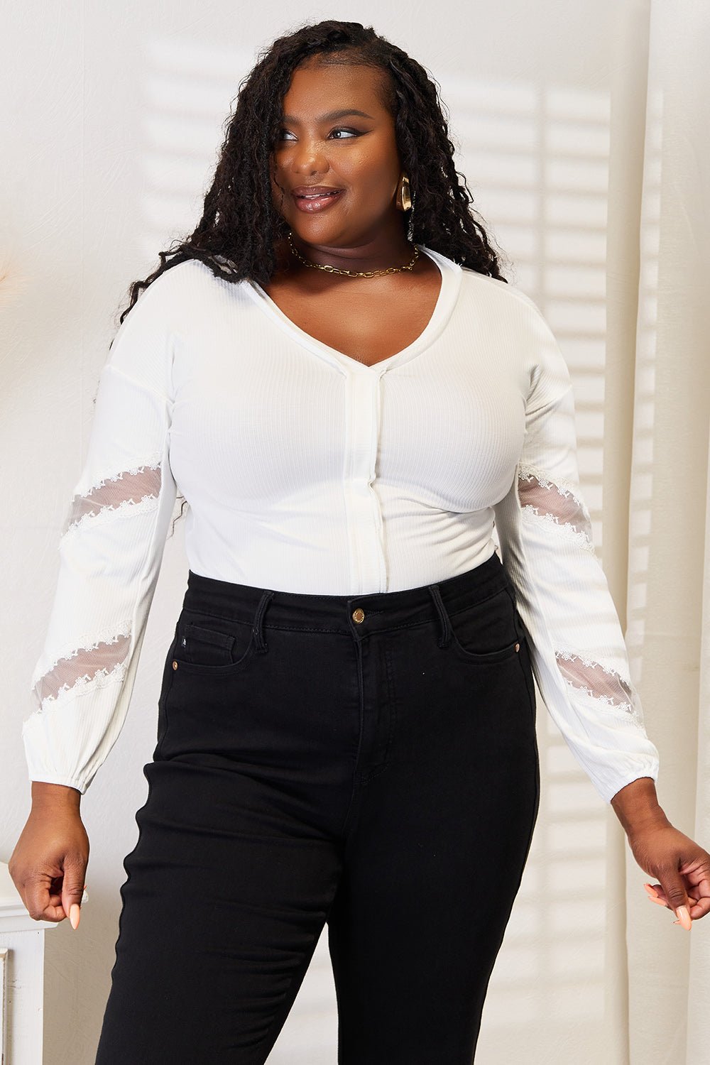 Double Take V-Neck Dropped Shoulder Blouse - TheMomCo.