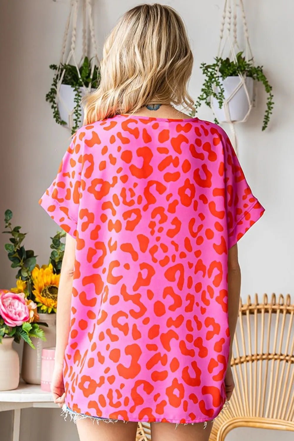 First Love Leopard V-Neck Short Sleeve Woven Top - TheMomCo.