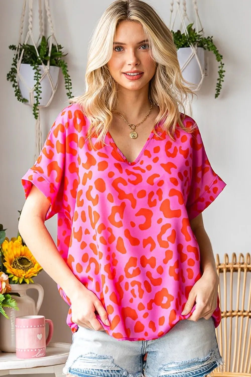 First Love Leopard V-Neck Short Sleeve Woven Top - TheMomCo.