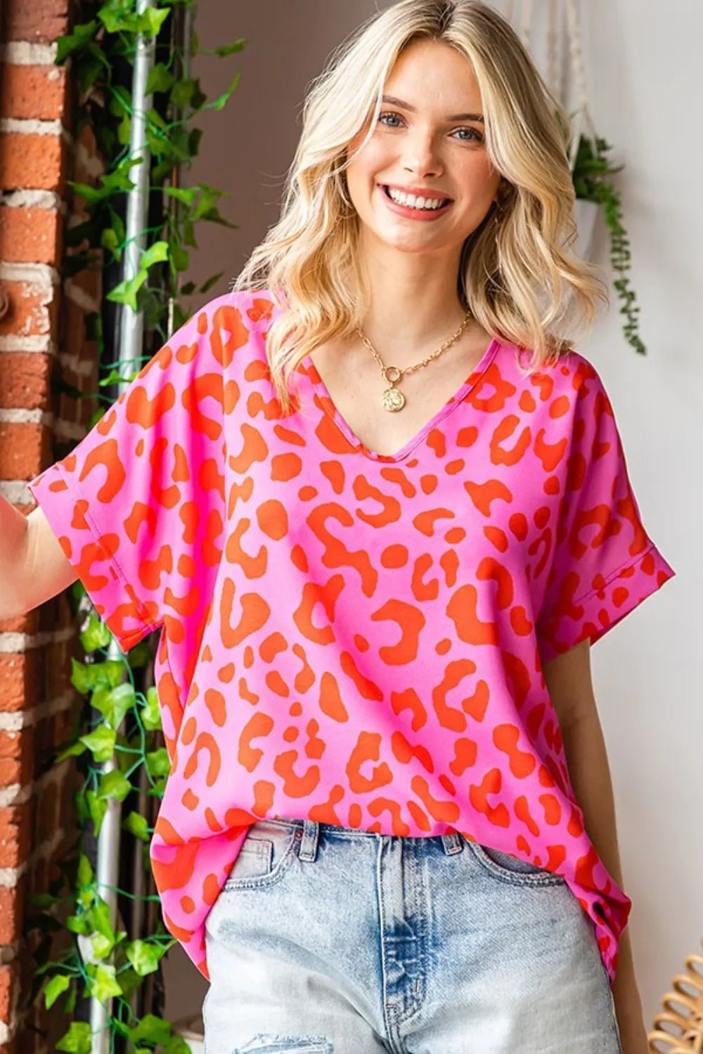 First Love Leopard V-Neck Short Sleeve Woven Top - TheMomCo.