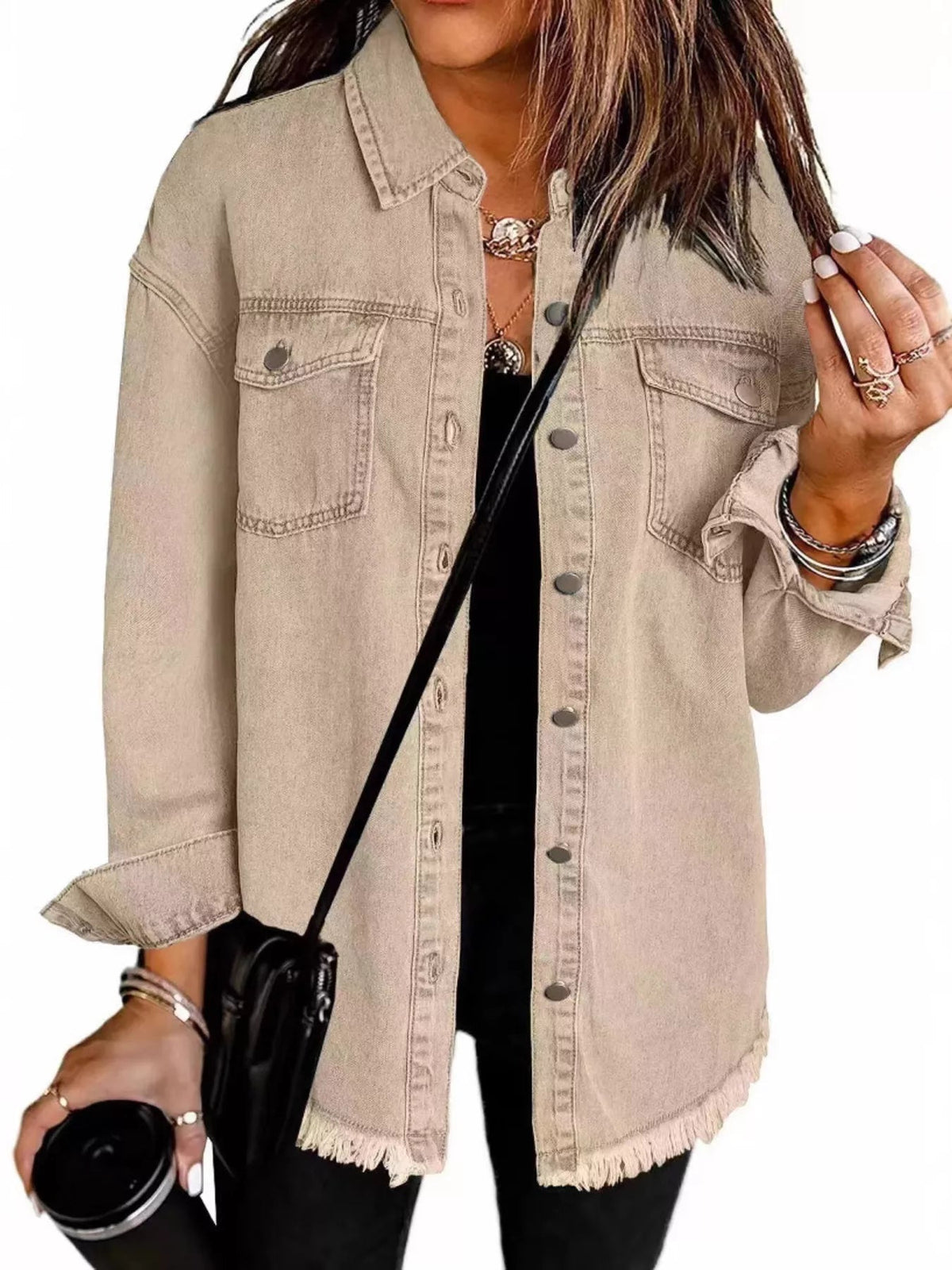 Frayed Hem Button Up Denim Jacket - TheMomCo.